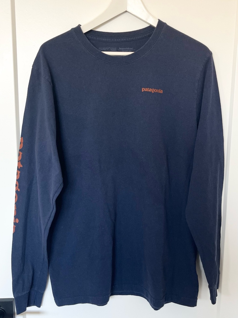 Patagonia Responsibili-Tee Navy Blue Spell Out Regular Fit Long Sleeve Shirt M